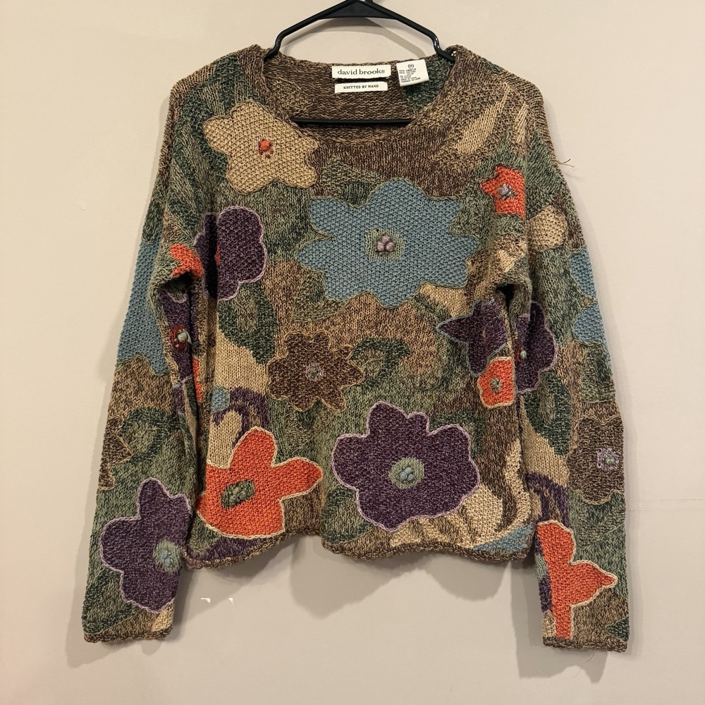 Vintage David Brooks Linen Blend Floral Retro Sweater Size Medium Cottagecore